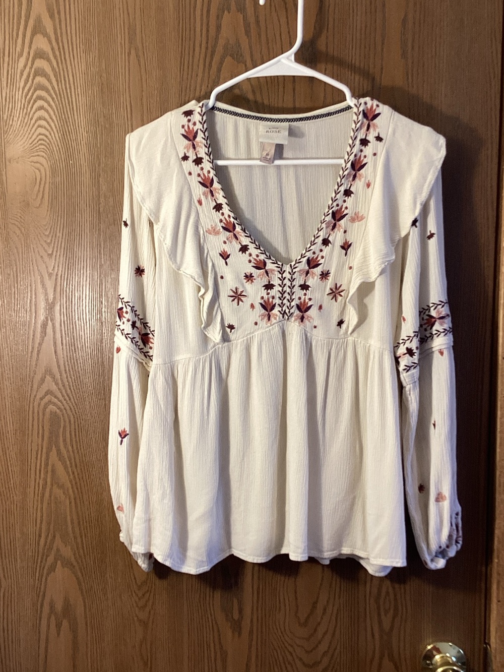 Knox Rose White Peasant Blouse with Burgundy Floral Embroidery